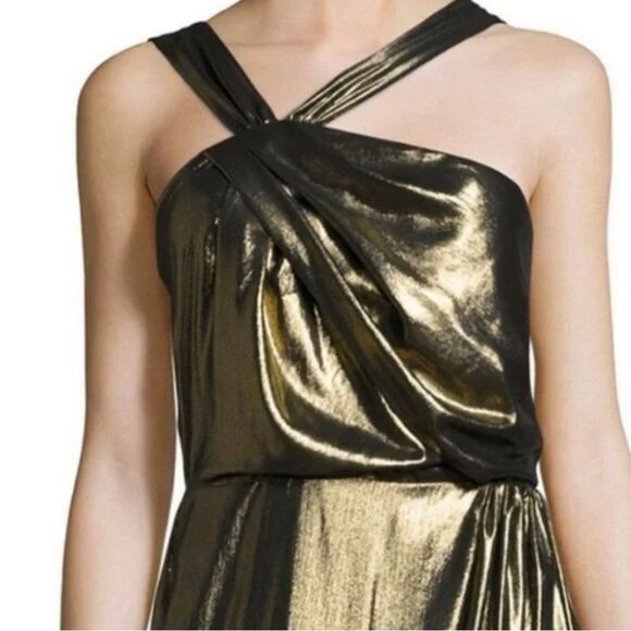 Parker Black Gold Metallic Halter Maxi Gown Asymmetrical Formal Dress 6 - Picture 2 of 16